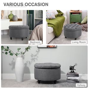 Panca Ottomana Rotonda in Lino Grigio con Bottoni Trapuntati per Soggiorno e Camera da Letto - Product Image 5