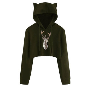 Sudadera con capucha corta con orejas de gato y estampado de ciervo con pedrería, corte regular, unisex, informal, de invierno, de punto. - Product Image 3