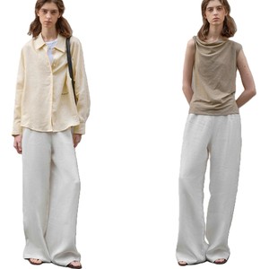 Women Linen Wide Leg Pants High <b>Elastic</b> Waist Loose Full Length Solid Color Minimalist Summer Breathable Woven Trousers - Product Image 3