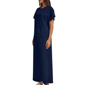 Women's Navy Blue Casual <b>Tracksuit</b> Short Sleeve Crew Neck Loose Fit Full Length Pants Elastic Waist 100% Cotton Solid Color - Product Image 3