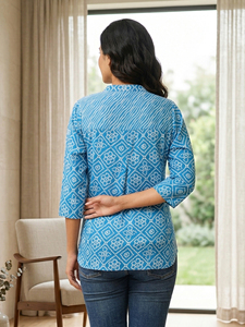 Women's Rayon Bandhej Printed Short <b>Kurti</b> Blue Mandarin Collar Three Quarter Sleeves Casual Ethnic Wear Daily Fashion <b>Kurti</b> - Product Image 3