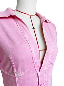 Mono de algodón rosa para mujer con cuello vuelto, manga corta, cintura alta, estilo casual de verano, largo por encima de la rodilla - Product Image 6