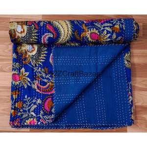 Couvre-lit Kantha en coton 100% fait main en Inde, imprimé à la main, motif floral multicolore, vintage Gudri, pour hôtel - Product Image 3