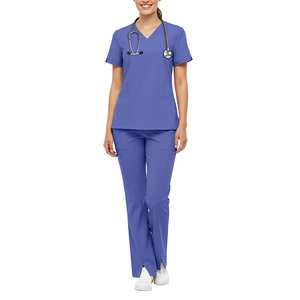 Conjunto de Uniforme Médico Unisex Azul, Top con Cuello en V y Pantalones, Ropa de Trabajo para Hospital, Enfermería, Tejido de Punto de Algodón y Poliéster - Product Image 1