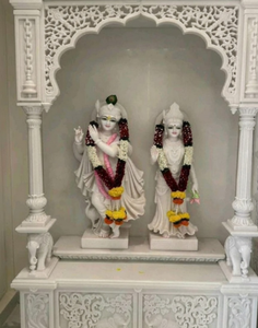 หินอ่อนมาครานาสีขาวพรีเมียมสำหรับทำหิ้งบูชาแบบดั้งเดิม |   ลวดลายแกะสลักอย่างประณีตของนกยูงและช้างในวัด |   ขนาดปรับแต่งได้ - Product Image 5