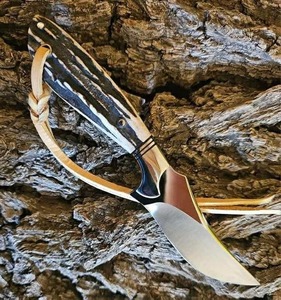 Couteau de camping en acier D2, lame à pointe tombante avec booster et manche en bois de cerf, étui en cuir, outil de survie en plein air - Product Image 1