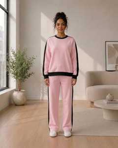 Survêtement rose pour femme, pantalon de survêtement long, col rond, coupe ample, couleur unie, coton respirant, tenue décontractée d'automne - Product Image 2