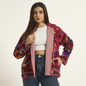 <b>Women</b> Red Floral Suzani Embroidered Cotton <b>Velvet</b> Breathable <b>Jacket</b> Bohemian Open Front Prairie Chic Style Full Sleeve Winter - Product Image 1