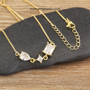 Gold Plated Stainless Steel Pendant Necklace Three Stone Charm <b>Chain</b> Necklace Pear Cut Princess Cut Diamond Jewelry for Women - Product Image 2