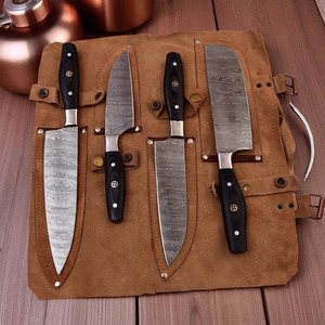 Juego de cuchillos de chef de Damasco forjados a medida, 4 piezas, mango de madera Pakka negra con bolsa de cuero, fabricación de cubertería de cocina para exportación - Product Image 5