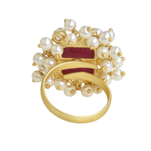 Vintage <b>Gold</b> Plated <b>Cocktail</b> <b>Ring</b> With Natural Ruby And Pearl Bezel Setting Women's Wedding Jewelry - Product Image 4
