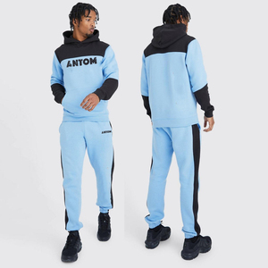 <b>Men's</b> Light Blue Black Panel Winter Hooded Tracksuit Set 100% Cotton Breathable Bold Chest Print Jogger Pants Side Stripe - Product Image 4
