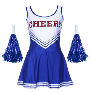 Tenue de cheerleading OUTFITIZE INTERNATIONAL avec pompons bleus, blancs et rouges, impression personnalisée, 100% polyester, taille adulte - Product Image 1
