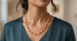 Divyoro Orissa <b>Red</b> <b>Coral</b> and Freshwater Pearl Beaded Mala <b>Necklace</b> 22k Gold Plated Classic Style Women's Everyday Wear - Product Image 3