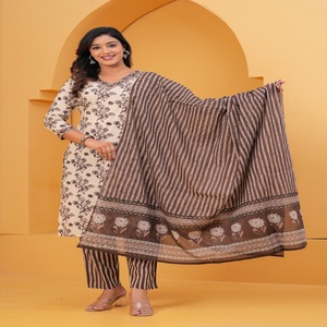 ชุดกางเกงคุร์ตาพิมพ์ลายสีเบจพร้อมผ้าคลุมไหล่สำหรับผู้หญิง |   ชุดคุर्ติทรงตรงคอทรงกลมแบบพื้นเมือง พร้อมผ้าคลุมไหล่ดีไซน์เนอร์ - Product Image 1