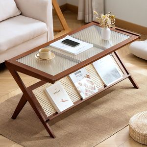 Tavolino da Caffè in Rattan Stile Mid-Century Moderno con Piano in Vetro per Soggiorno, Grande Tavolo Centrale Boho con Vano Portaoggetti per Arredamento Elegante - Product Image 1