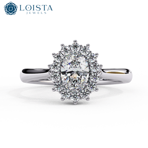 Anillo de Halo con Diamantes Cultivados en Laboratorio, Corte Ovalado, Estilo Floral, Oro Amarillo de 14K, Regalo de Compromiso o Boda para tu Pareja - Product Image 1