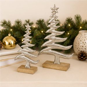Attractive Silver Metal Christmas Tree Sculpture With Sturdy Wooden Base Modern Handcrafted Holiday Tabletop <b>Decor</b> For Festive - Product Image 2