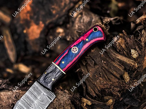 มีดล่าสัตว์ดามัสกัสทำมือขายส่ง ด้ามจับไม้ปักก้า ใบมีดแบบฟูลแทง ดรอปพอยท์ มีดเอาตัวรอด พร้อมปลอก มีด OEM - Product Image 5