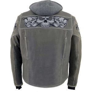 SAMROZ SPORTS Men's Distressed Grey Leather <b>Jacket</b> with Reflective Skulls - Product Image 3