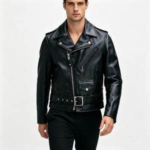 Chaqueta de Motociclista de Cuero Genuino para Hombre, Cuello Camisero, Cierre de Cremallera, Cinturón, Color Sólido, para Otoño e Invierno - Product Image 2