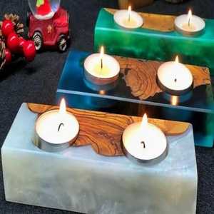 Modern <b>Small</b> Rectangular Wood and Teal Epoxy Resin <b>Candle</b> Holder 2 Hole Tealight Stand for Desktop Skies Trader New Arrival 2026 - Product Image 2
