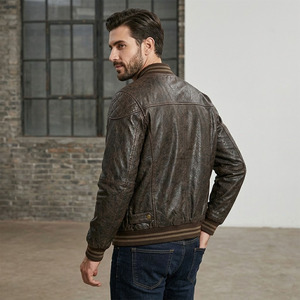 Chaqueta de cuero para hombre estilo bomber, de piel de vaca premium, color marrón, estilo clásico varsity, ropa de abrigo para invierno, cuello acanalado, botones a presión, chaqueta informal. - Product Image 6