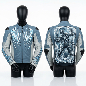 Grim Reaper Sea Fishing <b>Racing</b> Leather <b>Jacket</b> Mens Skeleton Boat Graphic Blue Grey Motorbike Biker Ocean Theme Fashion Coat - Product Image 5