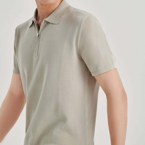 Men's Beige Short Sleeve Oxford Polo Shirt Zipper Casual Regular Fit Solid Color Woven Fabric - Product Image 6