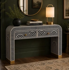 Artisan Resin Bone Inlay Console <b>Table</b> Geometric Luxury Foyer Decor Modern <b>Hallway</b> Custom Design Handcrafted Accent Furniture - Product Image 2