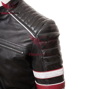 Chaqueta de Cuero Genuino Negra para Hombre con Rayas Rojas y Blancas, Estilo Biker Cafe Racer, Abrigo de Piel de Vacuno con Hombros Acolchados, Prenda Exterior Clásica Personalizada de Moda - Product Image 3