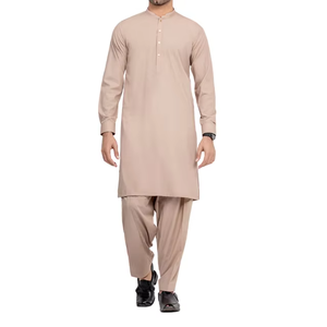Nuevo Salwar Kameez Beige Suave para Hombre al por Mayor con Elegante Cuello Mandarín y Botones con Detalles Dorados, Sofisticado y Minimalista - Product Image 5