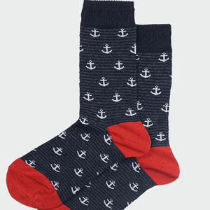 <b>Men's</b> Navy Crew <b>Socks</b> With <b>White</b> Anchor Print Red Toe And Heel Knitted Breathable Daily Wear Spring Season Standard Thickness - Product Image 5