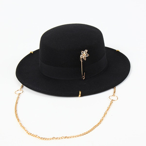Sombrero Fedora marrón de ala ancha con pin de flor y cadena para mujer, ropa informal de primavera y verano, estilo europeo - Product Image 6