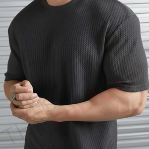 Custom Logo <b>Waffle</b> Knit T <b>Shirt</b> for Men Breathable Cotton Oversized Drop Shoulder Short Sleeve Solid Color Printed - Product Image 5