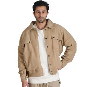 Blouson bomber beige boutonné pour homme, style streetwear décontracté, léger, col montant, vêtement d'extérieur, fabricant de vêtements personnalisés, conception OEM - Product Image 2