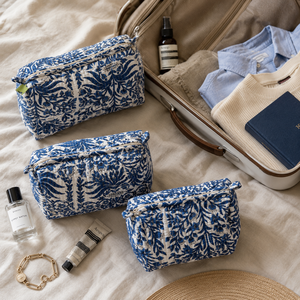 Ensemble de 3 trousses de maquillage bleues à motifs botaniques, en coton matelassé, pour femmes, sacs cosmétiques de voyage, rangement de beauté, fermeture éclair, ensemble cadeau - Product Image 4