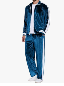 Ensemble de survêtement en velours bleu pour homme, manches longues, fermeture éclair, deux pièces, couleur unie, poches latérales, coupe classique, vêtements d'automne, vêtements de qualité supérieure pour homme - Product Image 3