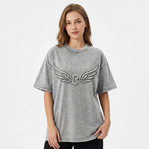 T-shirt Homme Oversize avec Logo R Ailes Gaufrées Manches Courtes Col Rond Décontracté Jersey 100% Coton Gris - Product Image 6