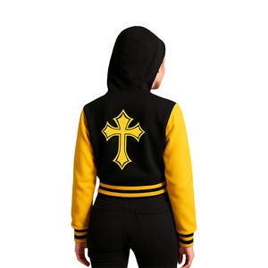 Blouson universitaire court pour femme « Yeshua Team Jesus » – Bomber à capuche noir et jaune pour un style streetwear inspiré de la foi - Product Image 4