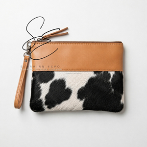 Luxury Real Cowhide Leather <b>Wristlet</b> Clutch Bag Cow Fur Makeup Pouch Small Evening Handbag for Women - Product Image 4