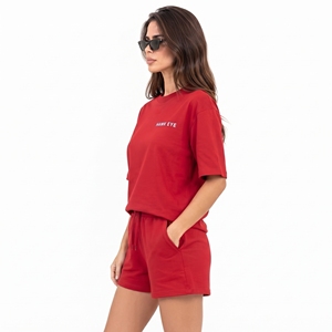 Women's Red <b>2</b>-<b>Piece</b> Set 100% Cotton Breathable Loose Fit Short Sleeve Crew Neck Tee and Shorts Summer <b>Outfit</b> - Product Image 6