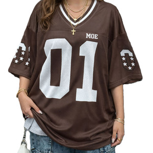 Maillot de football américain vintage marron pour femme, chemise oversize en maille style universitaire, numéro personnalisé, streetwear, vêtement d'équipe, blouse hip-hop - Product Image 3