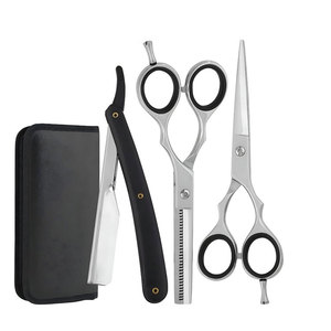 Premium Stainless Steel <b>Barber</b> Hair Cutting and Thinning Scissors <b>Set</b> with Razor and Leather Storage Case - Product Image 1