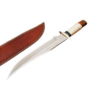Couteau Bowie artisanal avec lame en acier courbé argenté, manche en os blanc, accents en bois brun, garde doré, lame fixe pour la chasse - Product Image 1