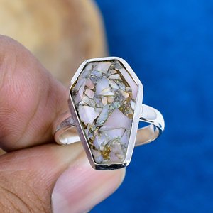 Natural Pink <b>Opal</b> Copper Coffin Shape Gemstone <b>Ring</b> Handmade 925 Sterling Silver - Product Image 1