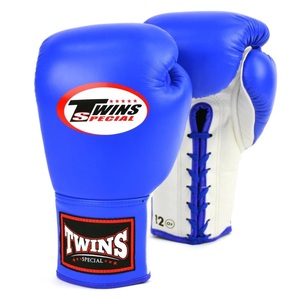 Top Trend Customizable Twins Muay Thai Boxing Gloves Lace-Up Full Finger Premium Leather Blue White Adult Training Sparring Gear - Product Image 1
