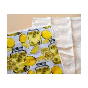Toalhas de prato elegantes bordadas com limão e picles GOTS em Jarra Amarelo Golf personalizado para cozinha 100% algodão orgânico