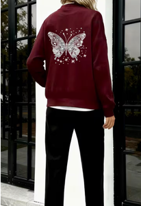 Women 2 Piece Tracksuit Set Black Butterfly Rhinestone Print Zipper Jacket Sweatpants Casual Loose Fit All Seasons Wear - Product Image 3