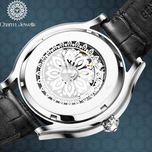 Reloj Unisex de Lujo Charm_Jewells, Caja Redonda de Acero Inoxidable de 40 mm, Cuarzo Analógico, Bisel con Diamantes, Correa de Cuero, Diseño Hueco - Product Image 2